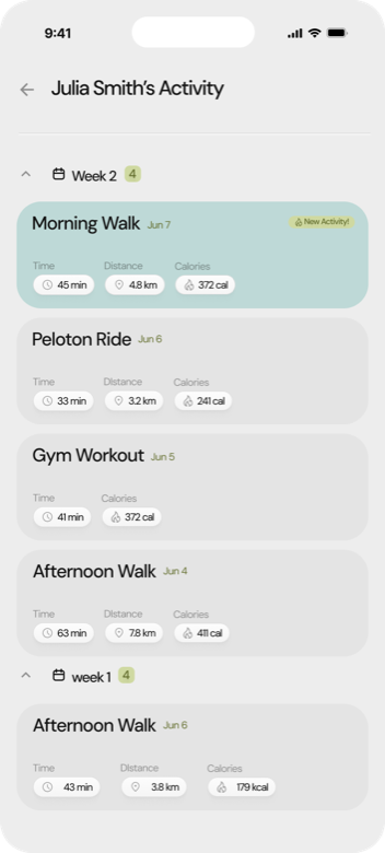 Activity dashboard showing automatic workout tracking